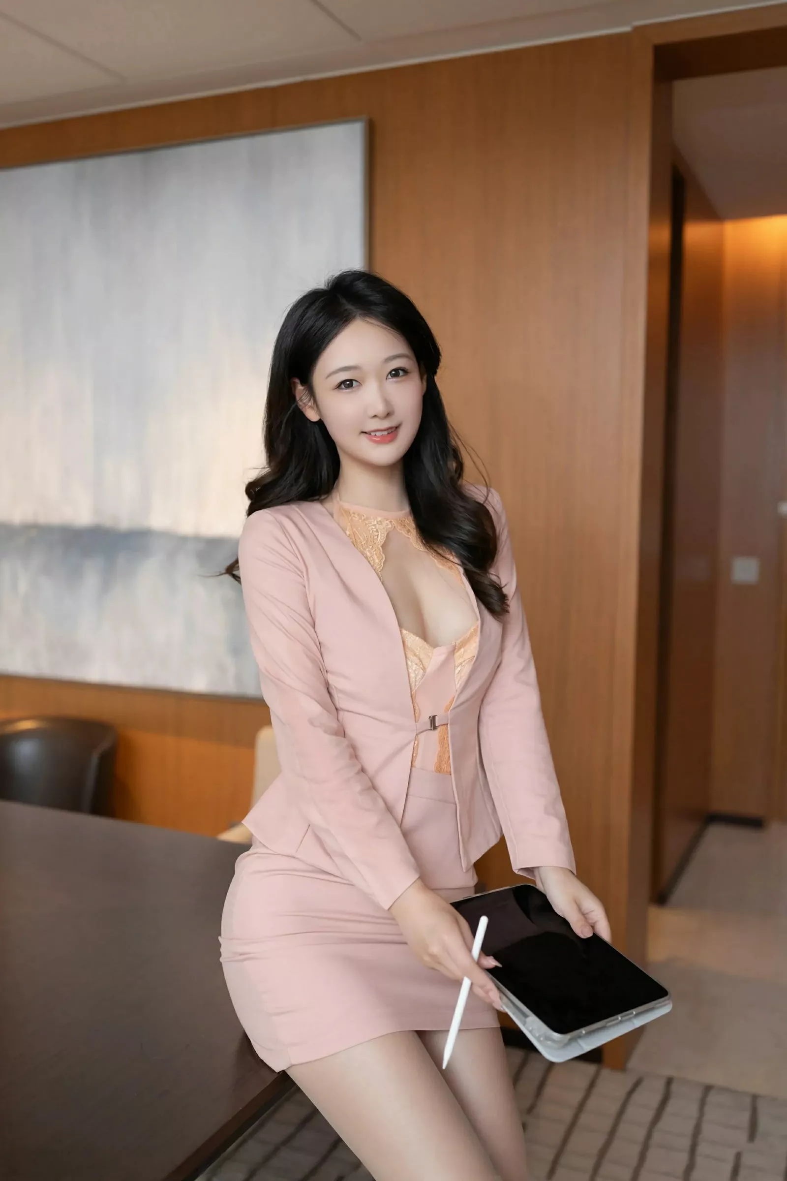 Tang Anqi Orange OL outfit revealing orange lingerie paired with ultra-thin sheer mesh showing graceful figure exquisite photoshoot 83P 4