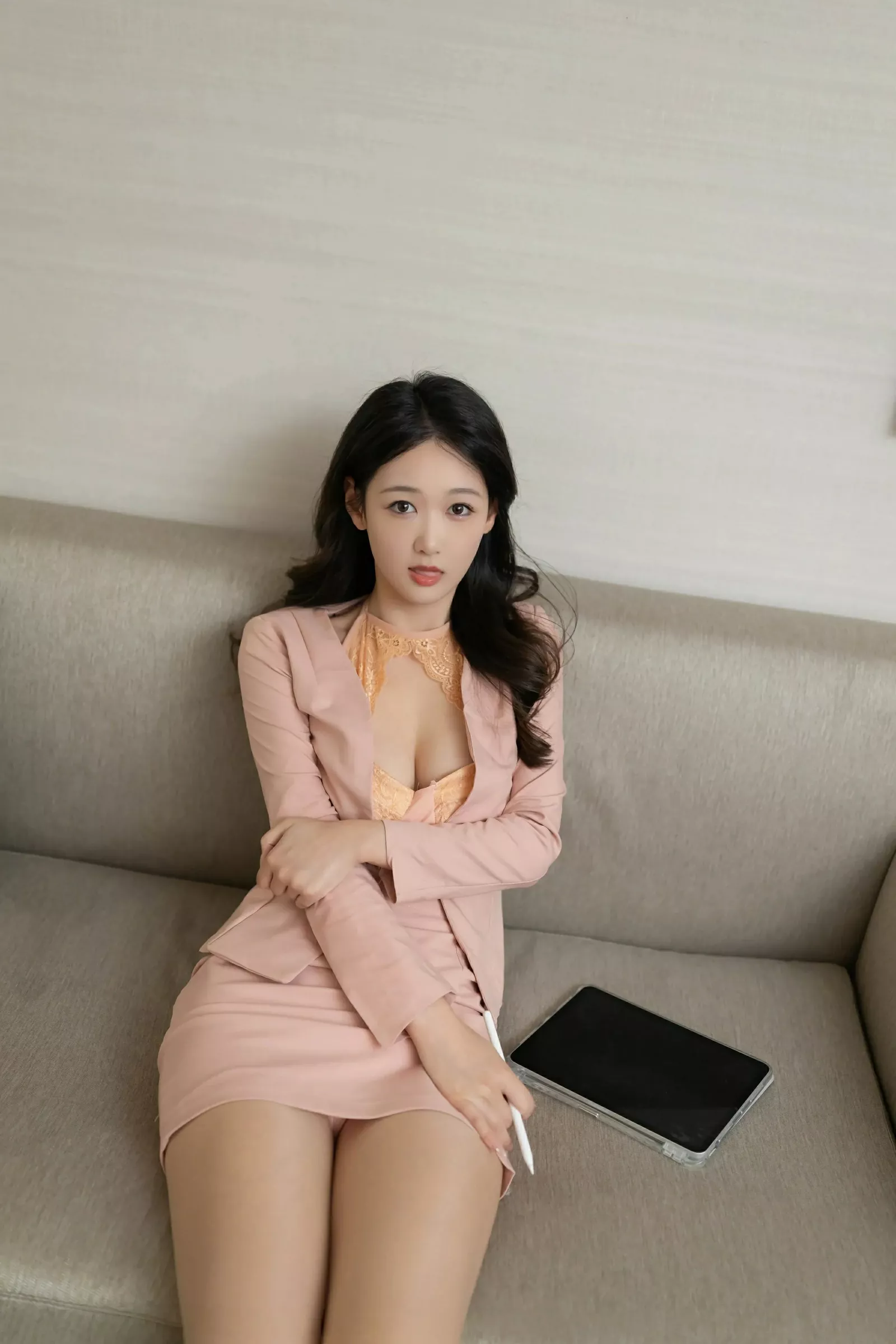 Tang Anqi Orange OL outfit revealing orange lingerie paired with ultra-thin sheer mesh showing graceful figure exquisite photoshoot 83P 5
