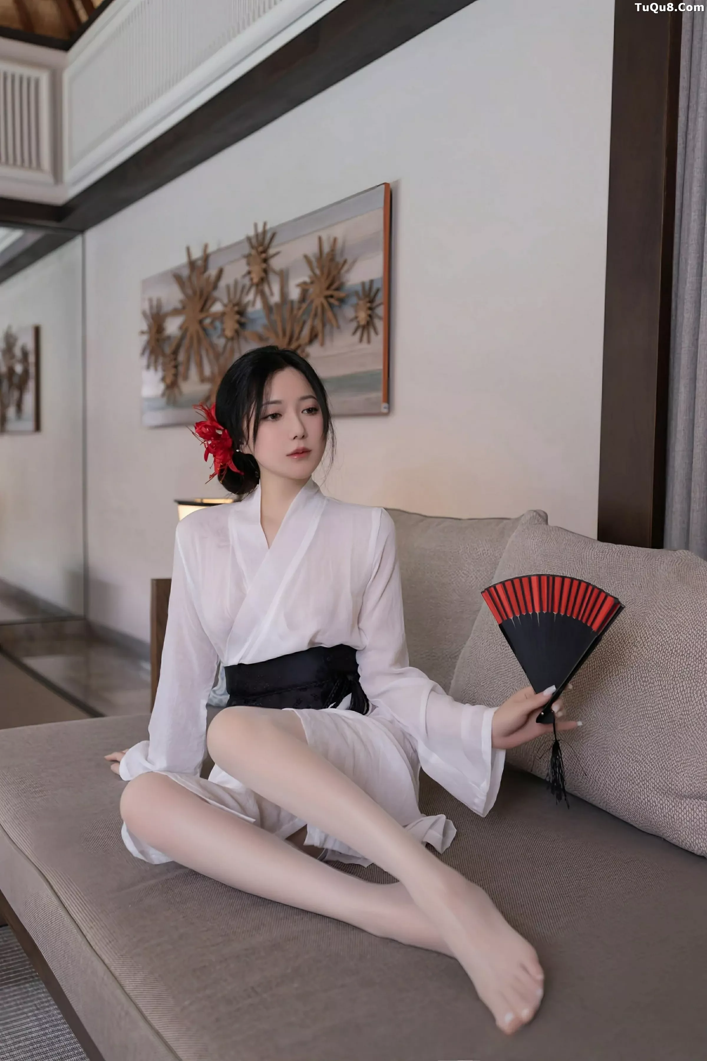 Caviar Fish Sexy White Sheer Outfit with White Stockings Showcasing Graceful Figure Gorgeous Photo Set 76P 2