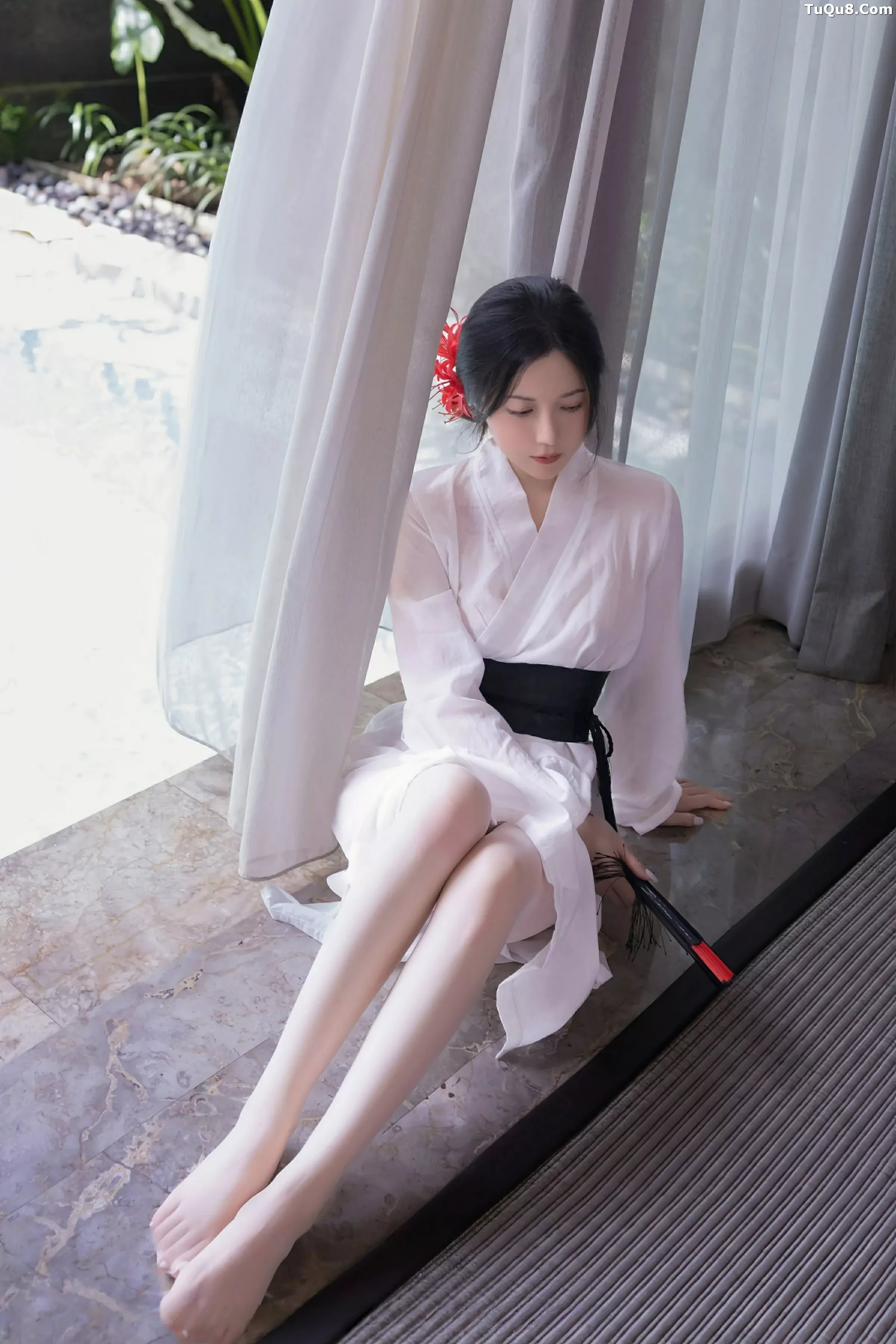 Caviar Fish Sexy White Sheer Outfit with White Stockings Showcasing Graceful Figure Gorgeous Photo Set 76P 5