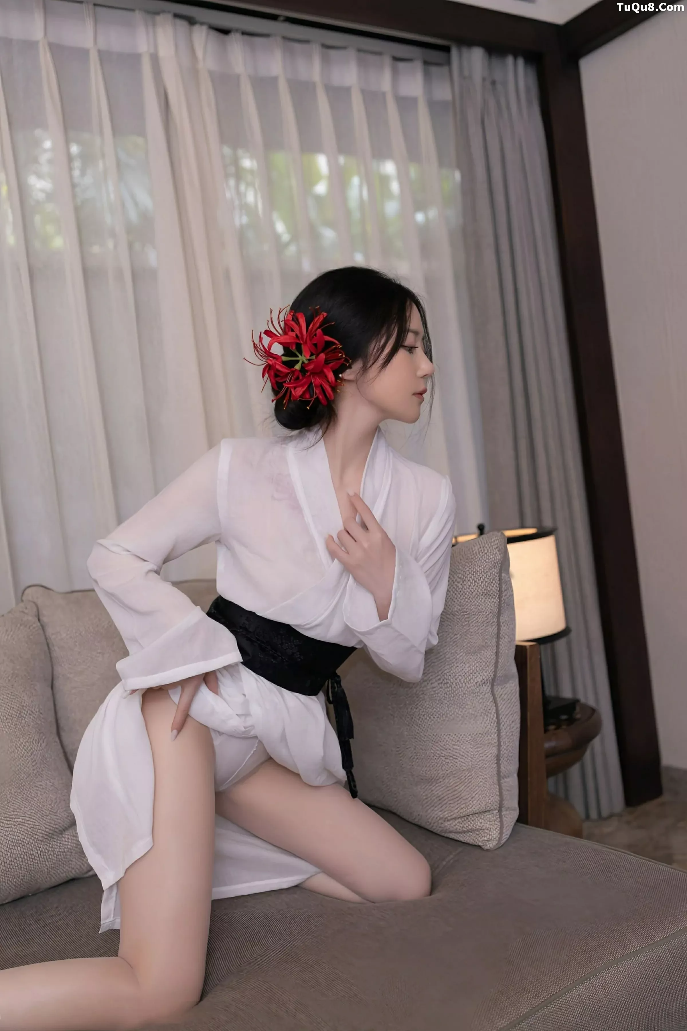 Caviar Fish Sexy White Sheer Outfit with White Stockings Showcasing Graceful Figure Gorgeous Photo Set 76P 6