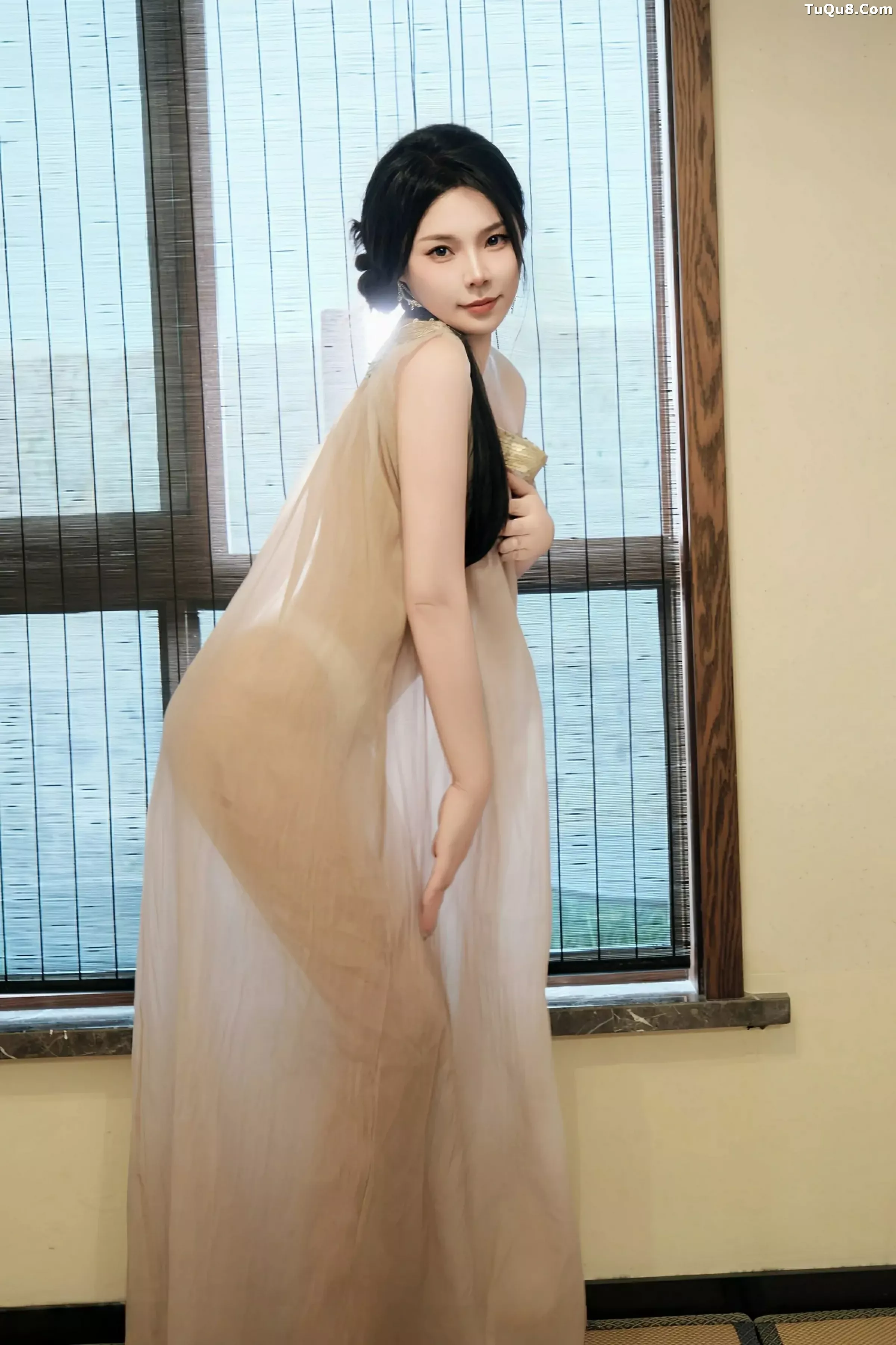Wheat Field Private Sexy Sheer Gauze One-Piece Long Dress Partially Undressed Showing Full Breasts and Plump Hips Sizzling Gorgeous Photo Set 50P