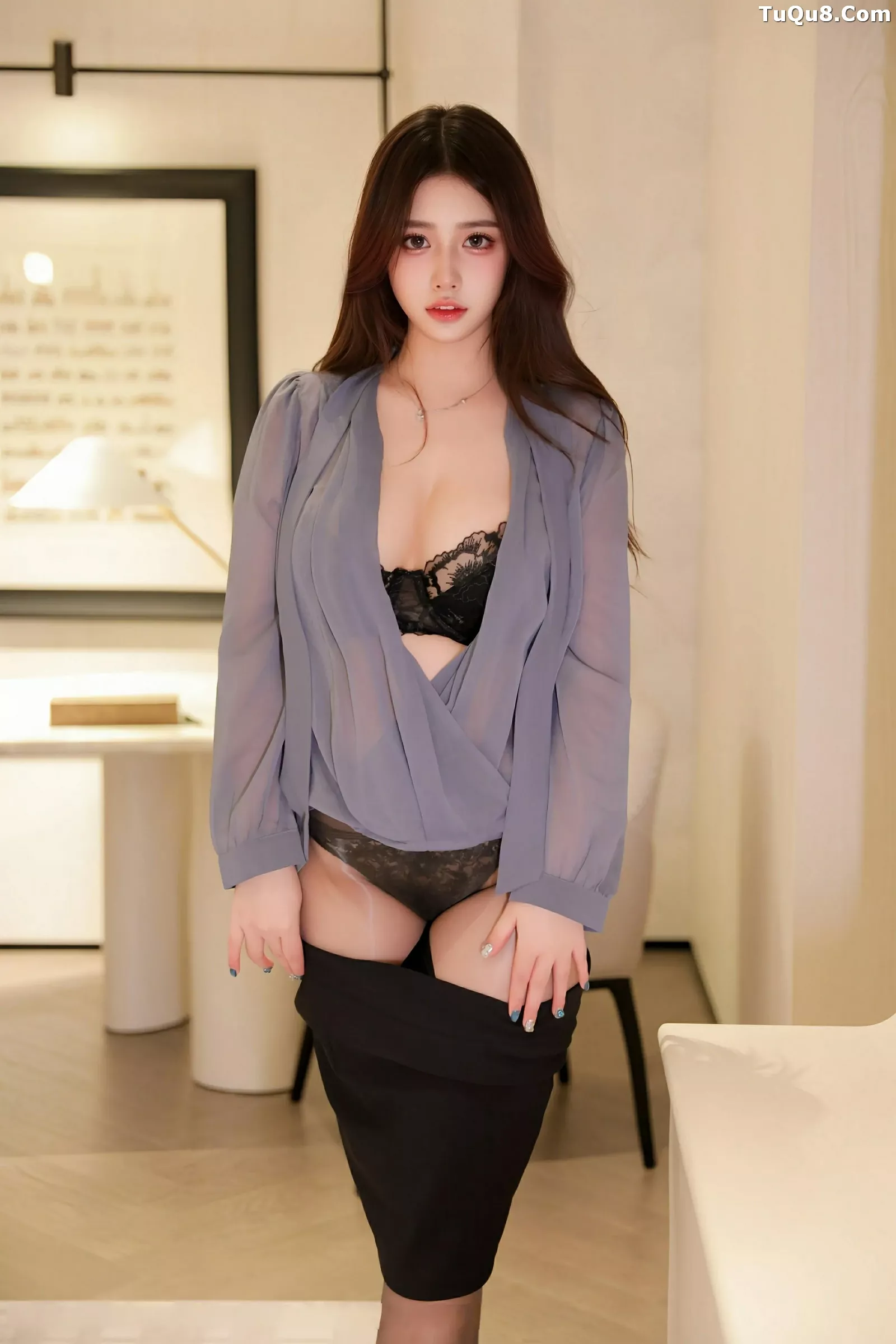 Dandanbao Sexy OL Outfit Revealing Black Lace Lingerie Paired with Ultra-thin Black Stockings Showcasing Beautiful Legs Gorgeous Photoshoot 83P 5