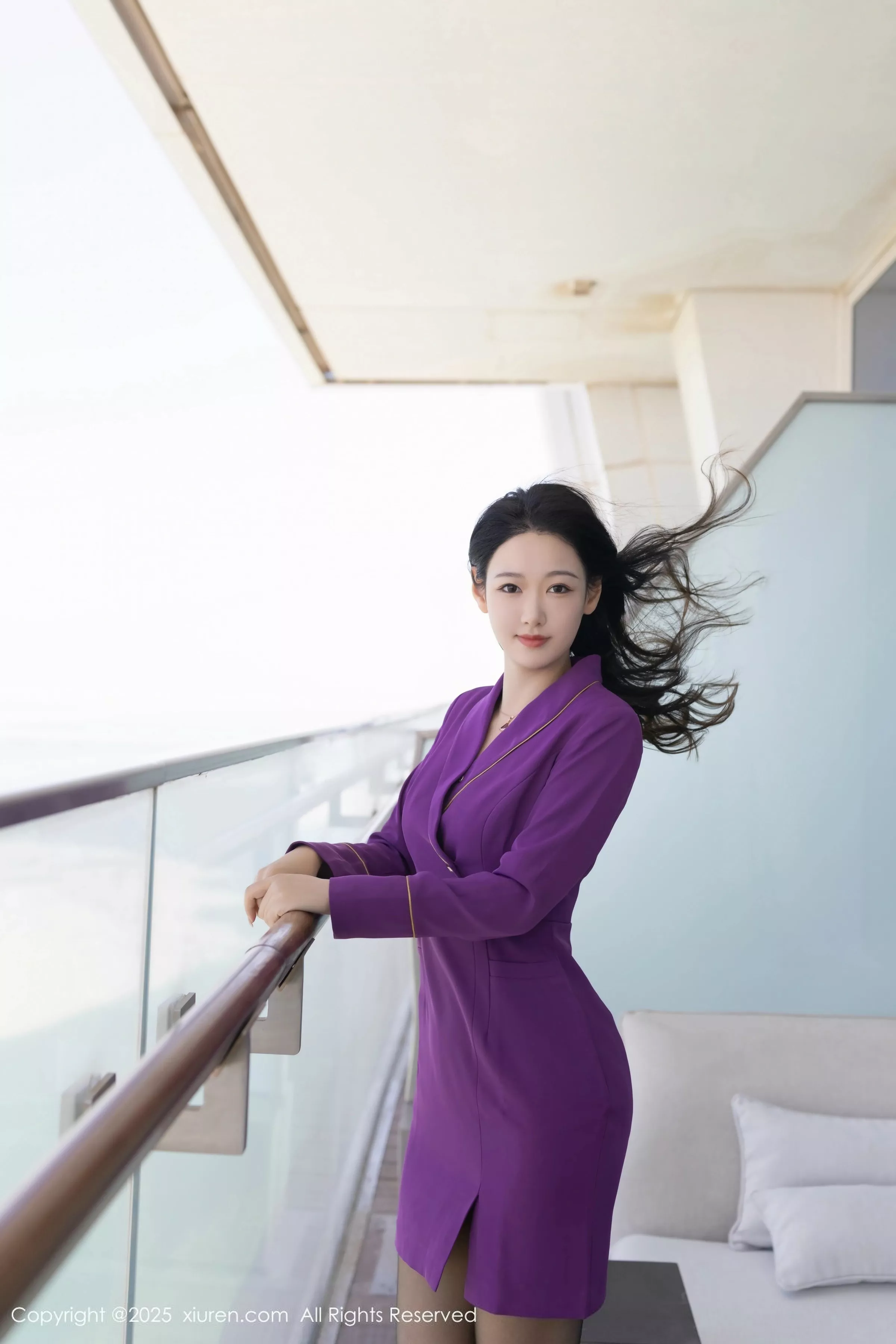 Tang Anqi sexy purple uniform revealing white underwear paired with ultra-thin black stockings showing graceful figure stunning photos 81P 2
