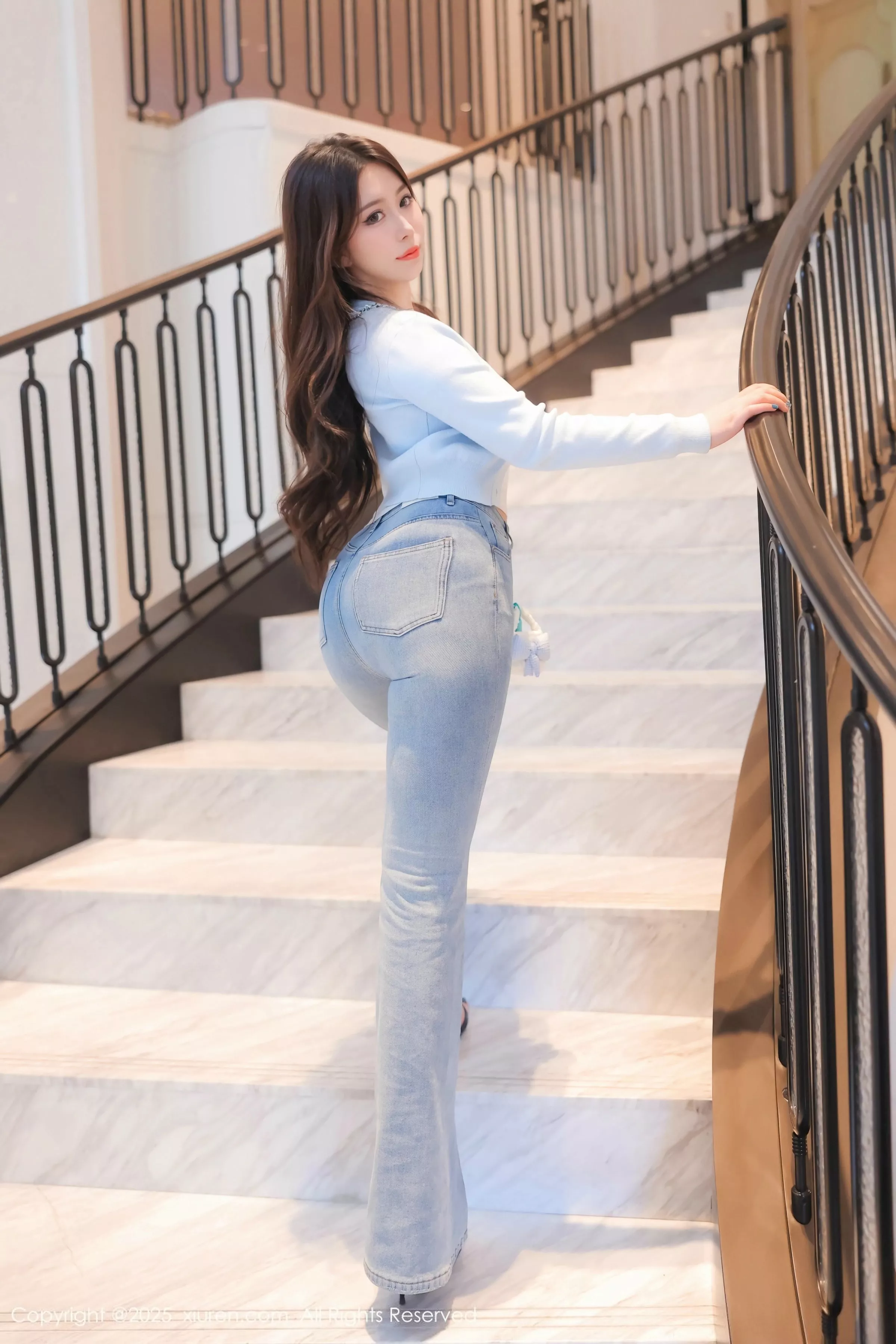 Dandanbao sexy pink lingerie with jeans revealing super thin black stockings showcasing a voluptuous figure exquisite photo set 70P 5